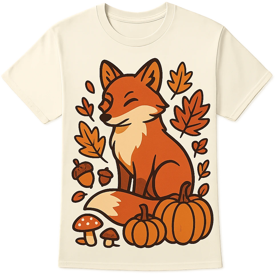 t-shirt design, vector illustration of a fox surrounded by autumn elements (fallen leaves, acorns, mushrooms, pumpkins), warm autumn color palette (orange, red, yellow, brown), clean bold lines, detailed but stylized, centered composition, no background, isolated graphic, modern flat style emoji