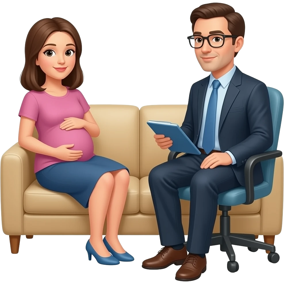 psicologa sentada en una silla atendiendo a mujer embarazada en un divan emoji