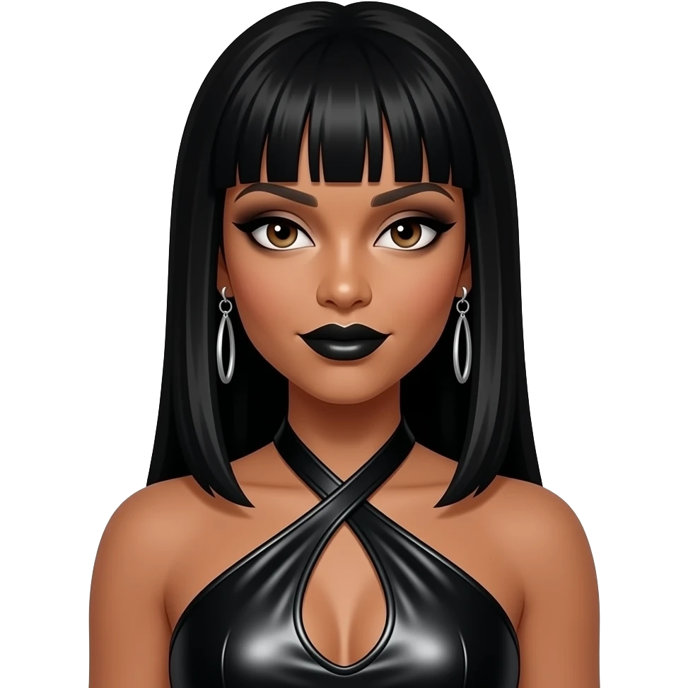 LeToya Luckett from Destiny's Child with dark brown eyes, long black 1990s straight bang hair, black eyeshadow, black lipstick, black metallic halter dress, earrings emoji