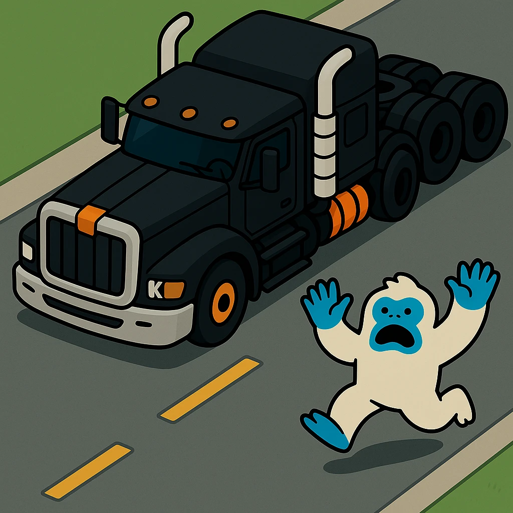 Place the small abominable snowman clearly on a road in front of the black 2026 Kenworth W680 flat top semi sleeper, top-down vibrant toon style, no text, with a visible road background. emoji