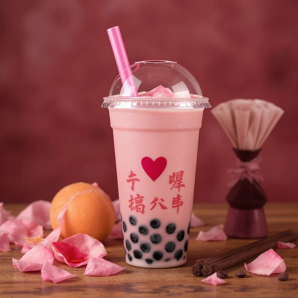 Remove the background from the photorealistic pink bubble tea with a heart accent, keep the image elegant and realistic, ensure transparency. emoji