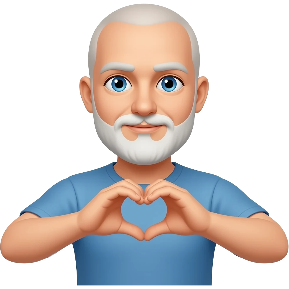 Homme jeune barbe blanche sans cheveux, yeux bleus qui fait le signe coeur emoji