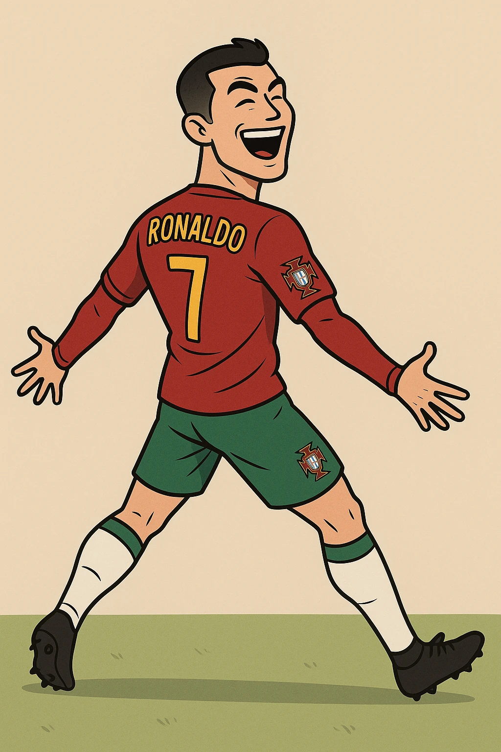 Cristiano Ronaldo, cartoon style, celebrating a goal, vibrant colors, flat toon style emoji
