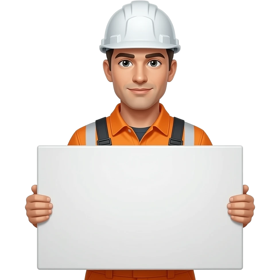 man standing in a hard hat and full orange hi-vis overalls with sleeves holding a sign emoji