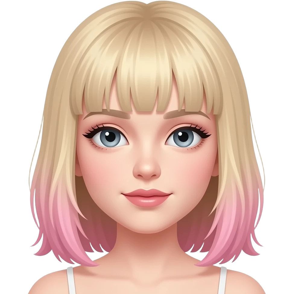 pale girl , who has straight hair medium length blonde and baby pink swirled hair with bangs , grey eyes , and doll like makeup , in a emoji