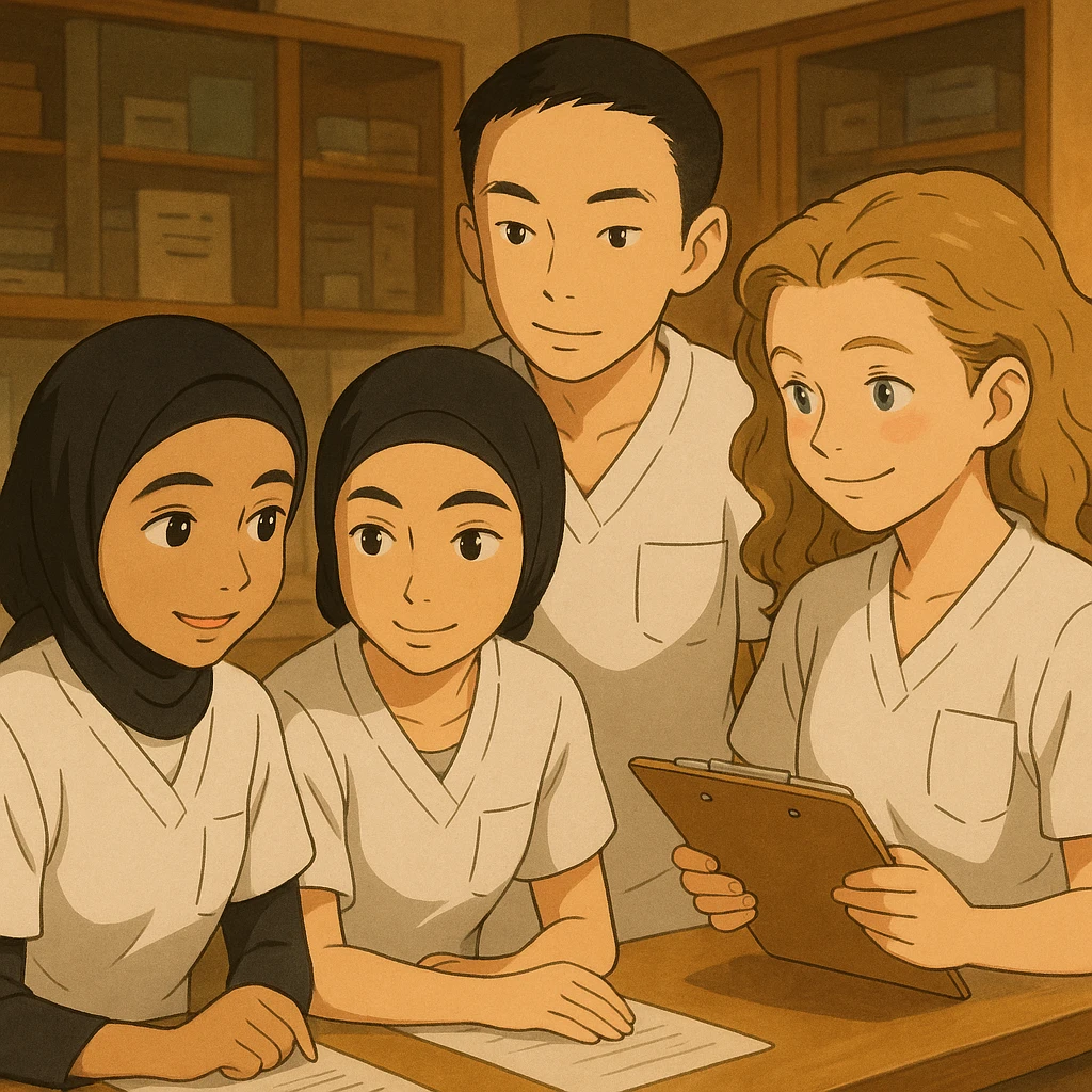 Four nursing students inspired by the four provided faces, working together in a care station, in Ghibli style. They wear short-sleeved white uniforms without collars or stethoscopes, medical tunics with V-neck and left chest pocket, no clothing extending beyond sleeves. They interact showing team spirit and collaboration, warm and professional atmosphere. emoji