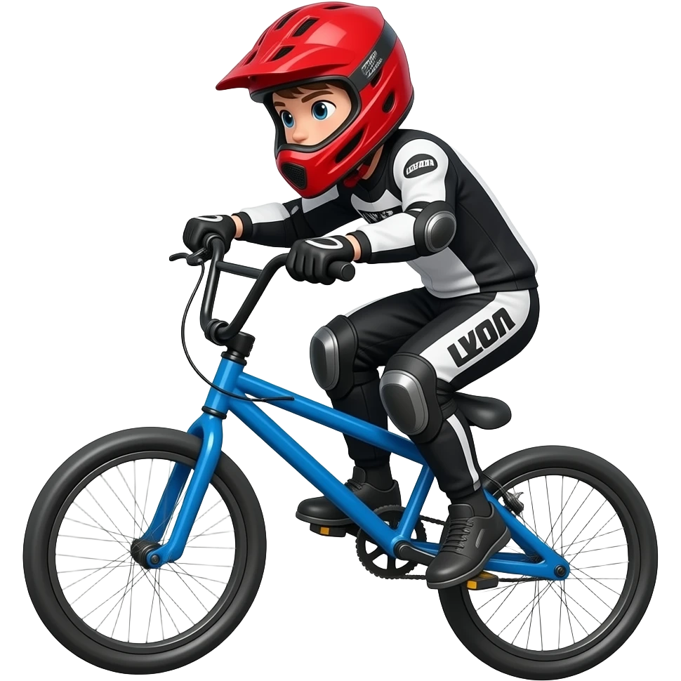 boy rider bmx jumping on a blue bike in red full face helment and black and white full race suit emoji