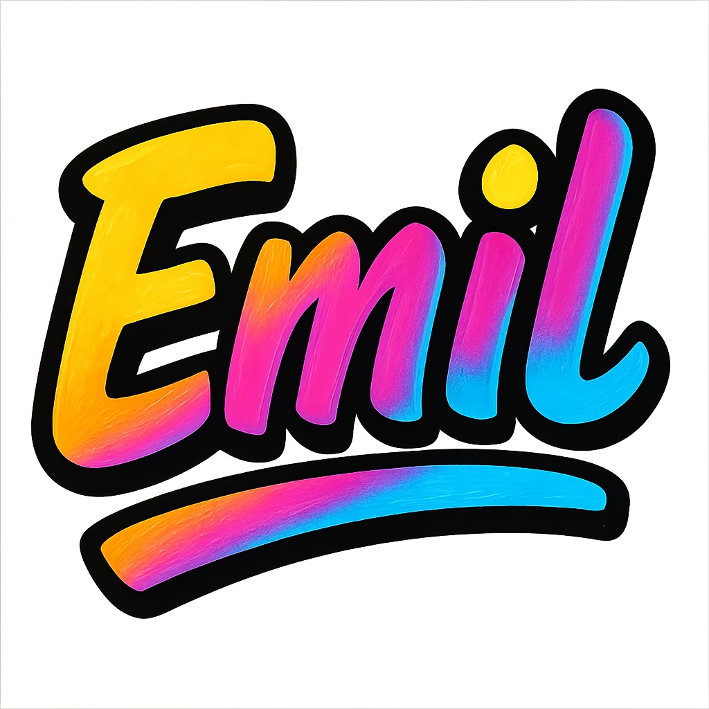Emil name in modern colorful gradient font with dark outline, dynamic slanted or partial underline, transparent background, in the style of reference patterns emoji