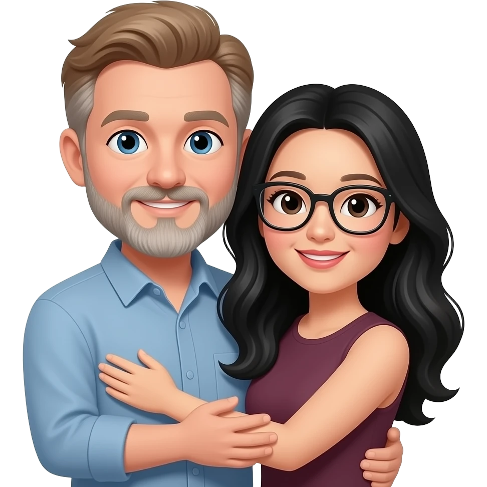 A white man with light brown hair, moustache and graying beard, embracing a chinese woman with long black wavy hair and glasses emoji