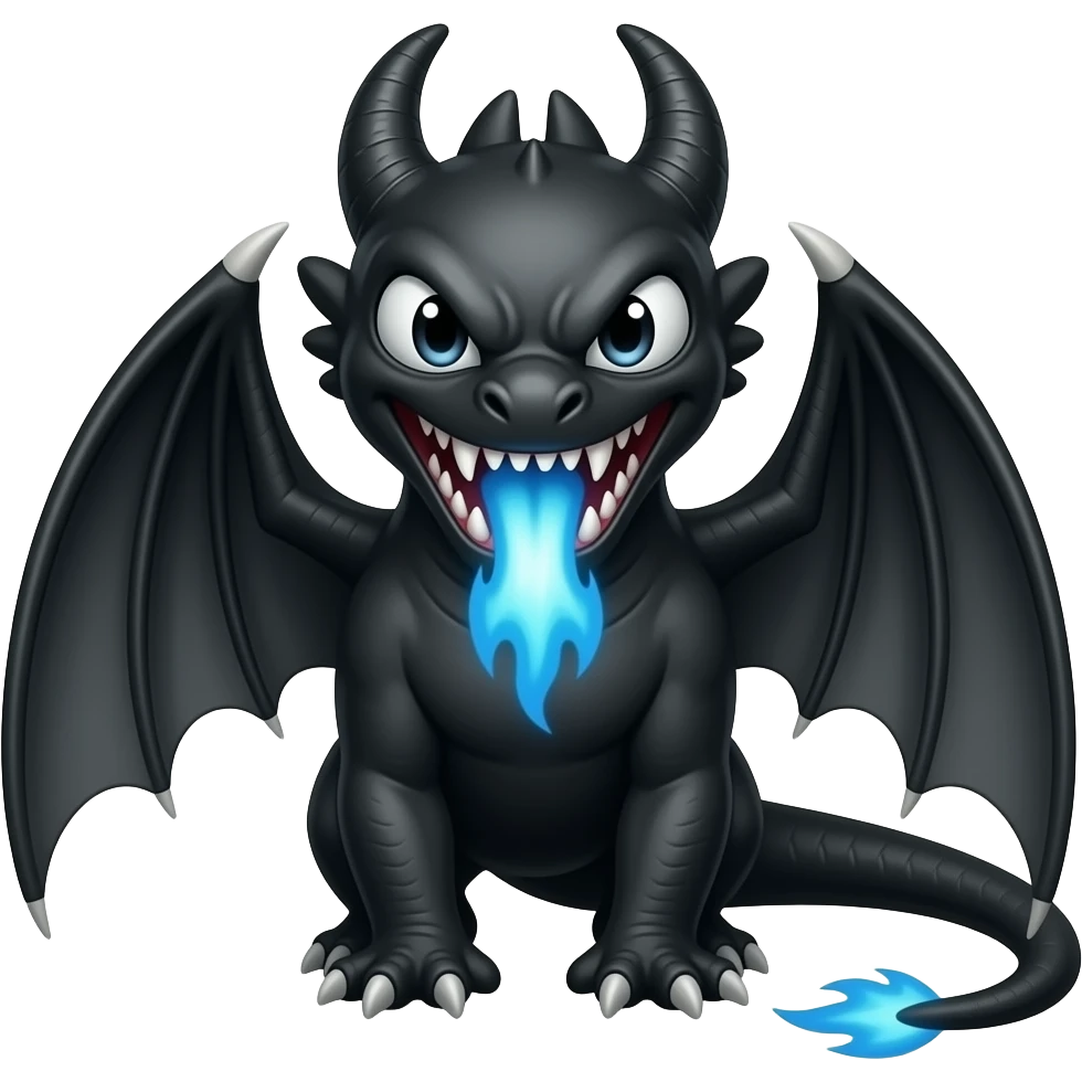 Toothless the dragon, all black,looking aggressive with blue flames in him mouth emoji