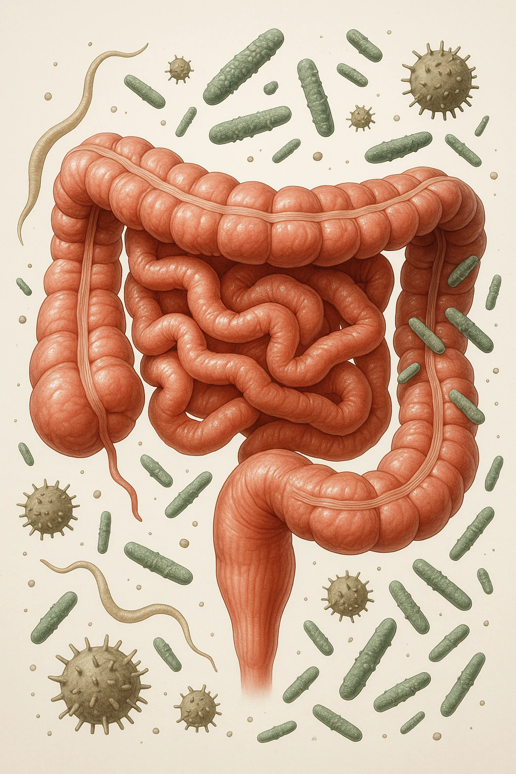 INTESTINO UMANO ANATOMICO CON BATTERI E PARASSITI INTORNO, SFONDO CHIARO NEUTRO, IPERREALISTICO 4K emoji