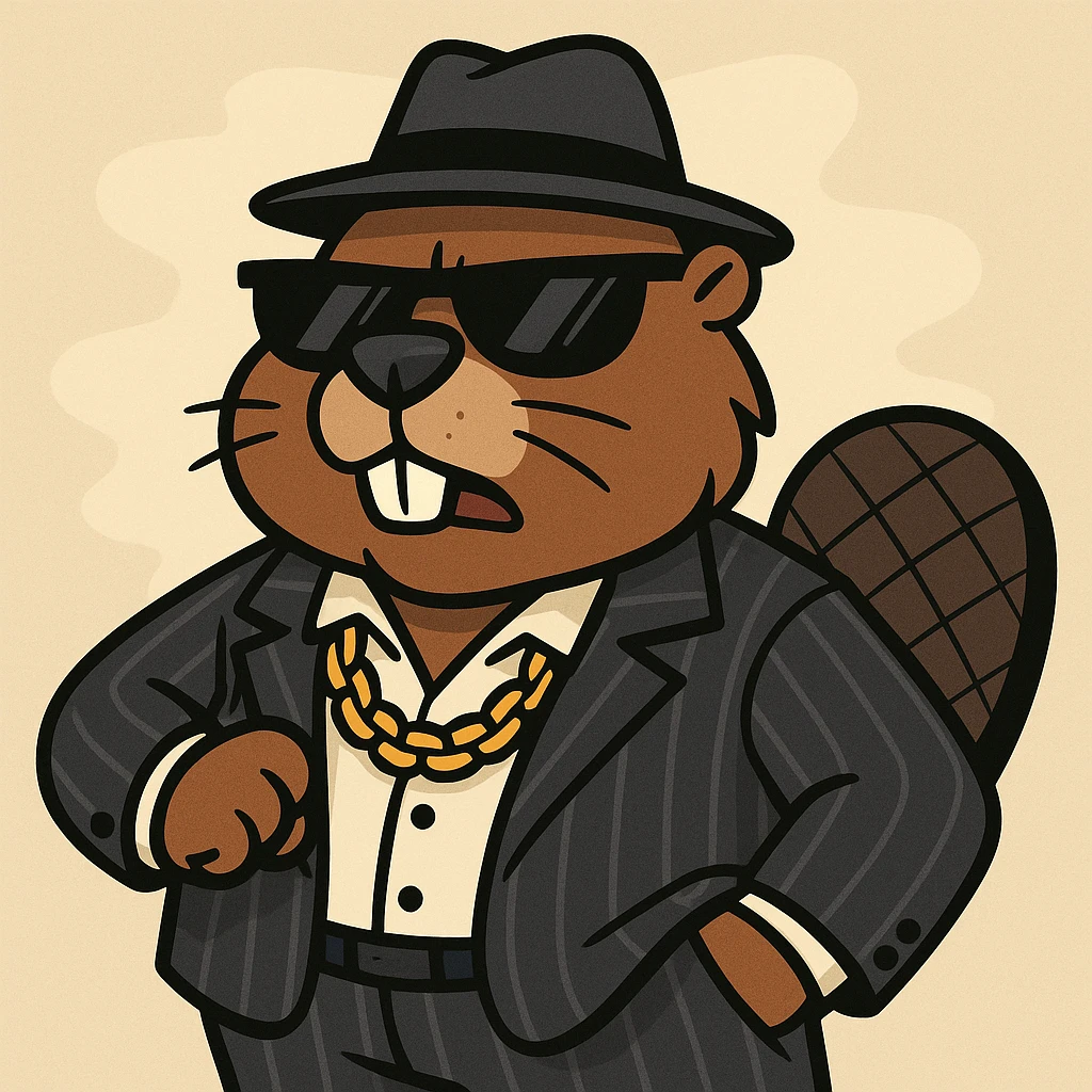 beaver in a pinstripe suit, gold chain, sunglasses, gangster attitude, cartoon style emoji