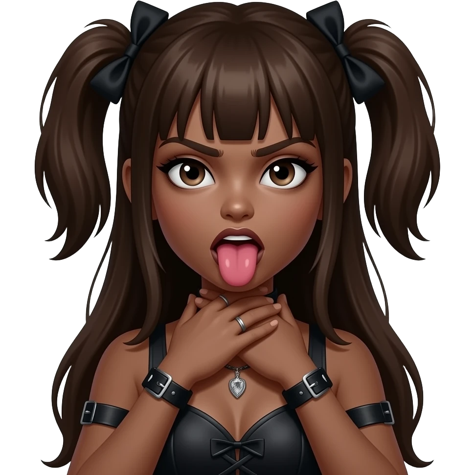 Angry Medium brown skin pretty gothic girl Choking self with hands around neck With tongue sticking out emoji