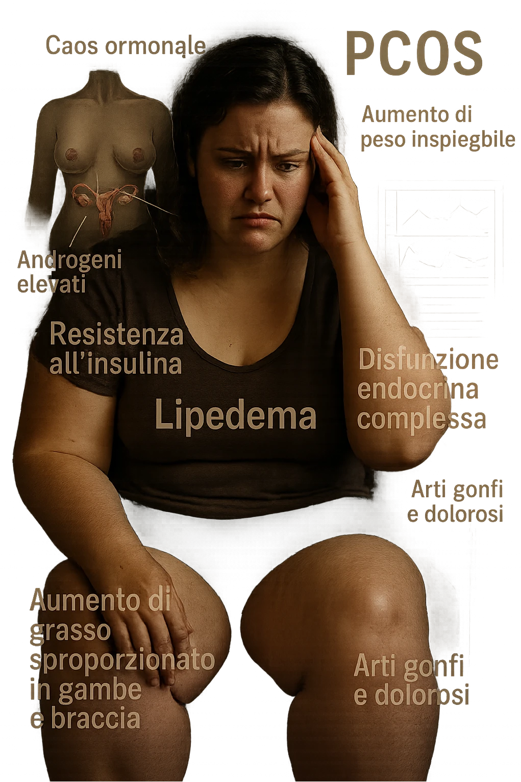 cinematic realistic in italiano Woman with PCOS struggling with hormonal chaos, transparent overlay showing elevated androgens and insulin resistance affecting her body, lipedema causing disproportionate fat accumulation in legs and arms despite normal torso, expression of frustration with unexplained weight gain, medical charts showing complex endocrine dysfunction, painful swollen limbs contrasting with metabolic confusion in italiano emoji