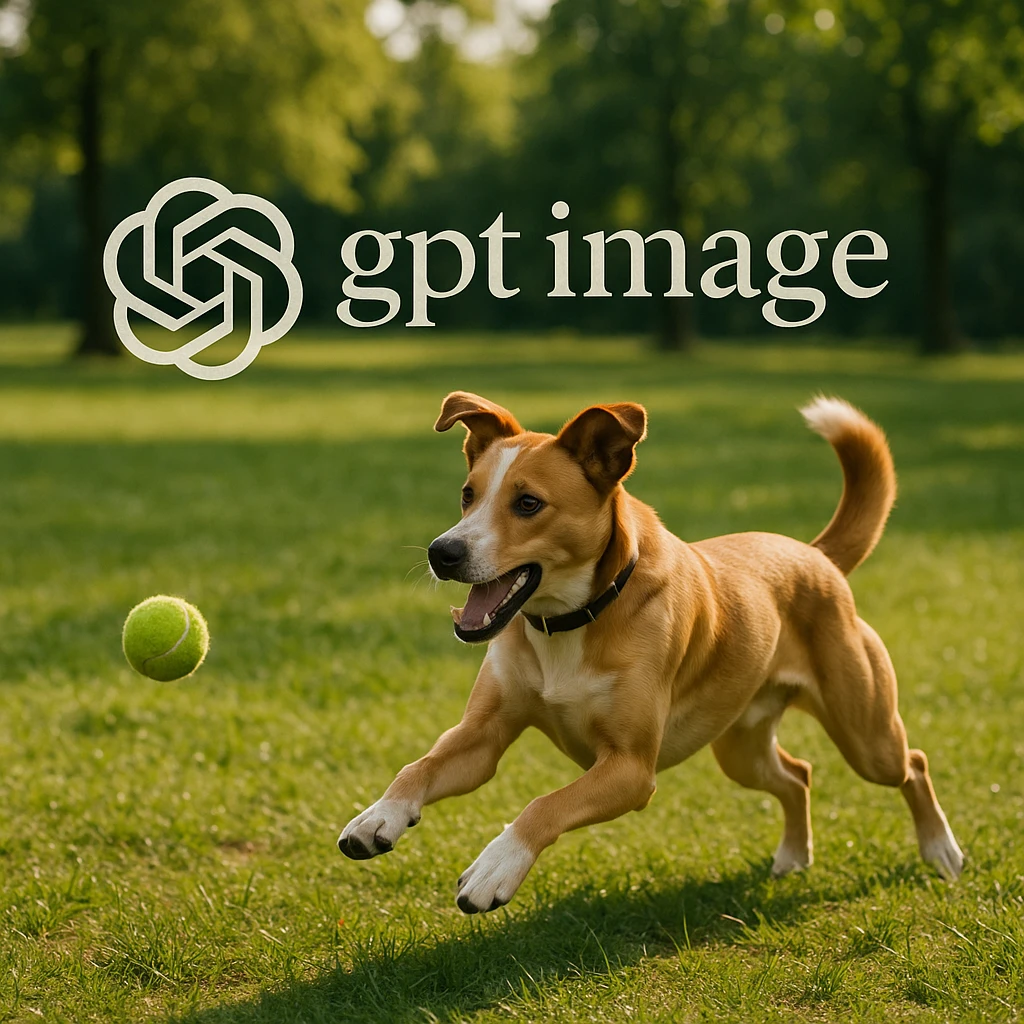  logo of chat gpt with text "gpt image" on the background of a dog chasing ball, realistic image emoji