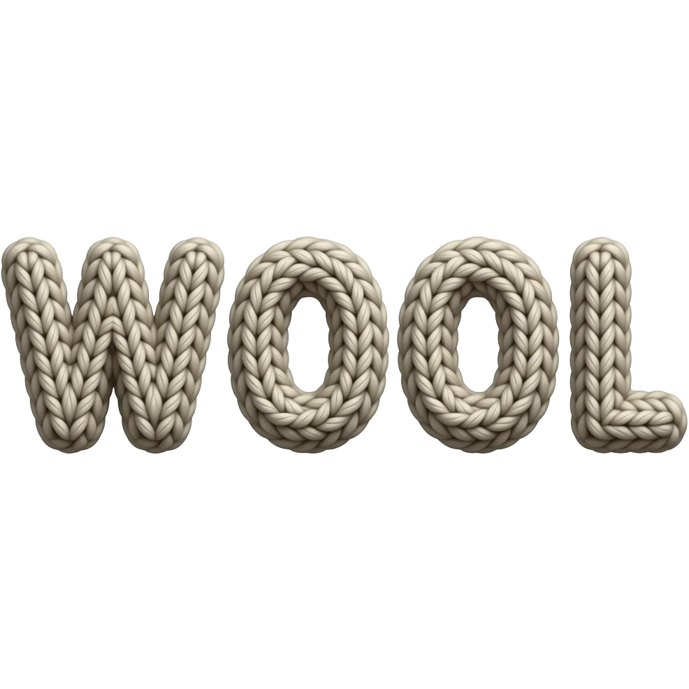 3D letters of the word WOOL in the style of the wool knit and texture material. just on one row. Needs to look like real wool fabric emoji