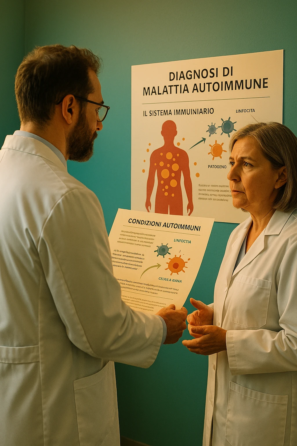 Foto tutta in italiano Realistic, detailed photo taken from behind of one doctor e un paziente —a bearded man and a middle-aged woman—standing and facing each other as they discuss an autoimmune disease diagnosis in front of a medical chart that displays information about the immune system and autoimmune conditions. The scene is illuminated by a yellowish, orange, warm light that softly envelops the doctors. The entire room is bathed in a single green-blue color, creating a cohesive and modern atmosphere. Both doctors wear white coats, and their body language suggests a serious, professional conversation about the complexities of autoimmune diseases. Shot with a Canon EOS R5, with high detail and natural depth of field. scritto in italiano emoji