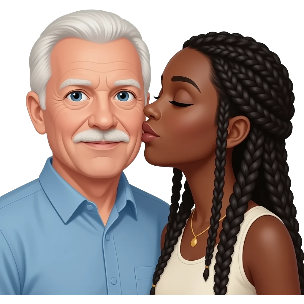 Black woman with long braids kissing older white partially bald man emoji