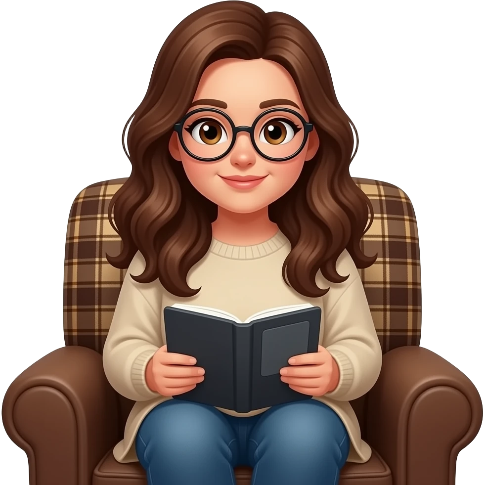 detailed emoji illustration of a curvy woman with long chestnut brown wavy hair, light brown eyes and round glasses sitting in a brown armchair with a planket scottish pattern in the back while reading on an e-reader tablet, cozy reading atmosphere, cute emoji style emoji
