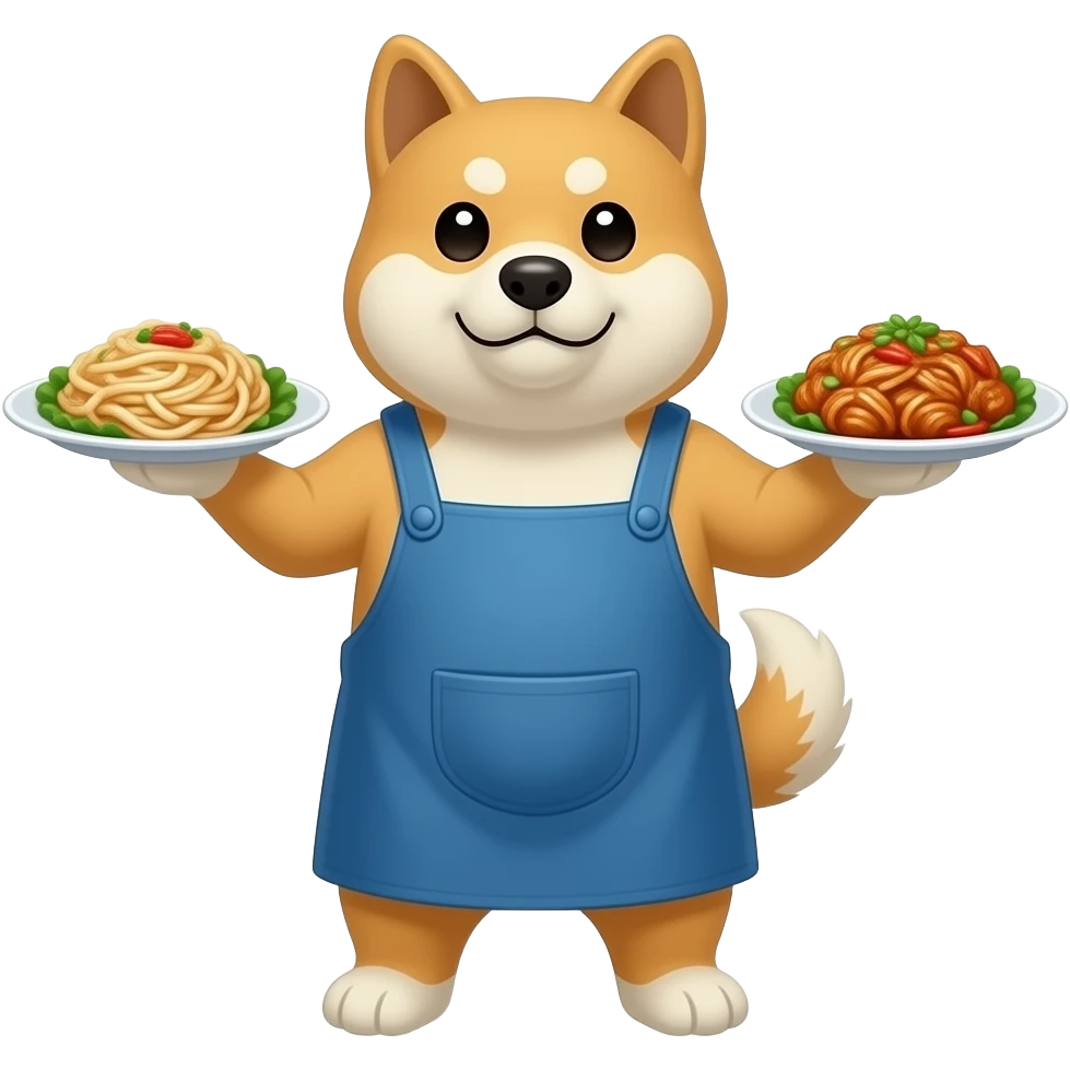 Hachiko dog in chibi cute animation standing on 2 legs serving 2 plates of chinese food , with blue apron on emoji