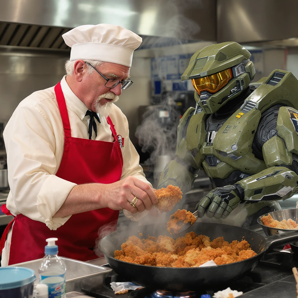 kentucky fried covenant from Halo:CE being cooked and taste tested by Colonel Sanders [aka the KFC man] and JOHN-117 MASTER CHIEF emoji