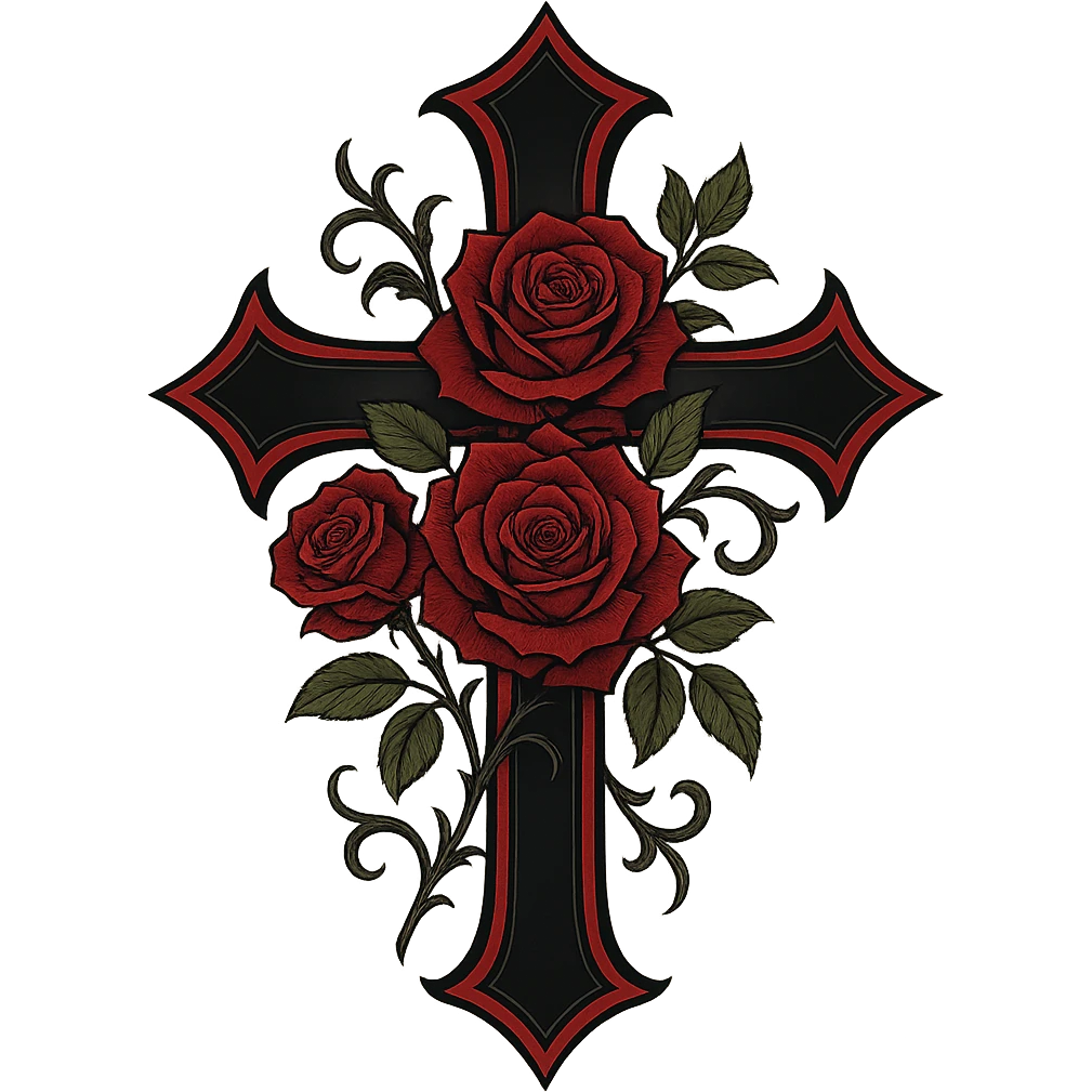 gothic style black and red goth cross with roses emoji