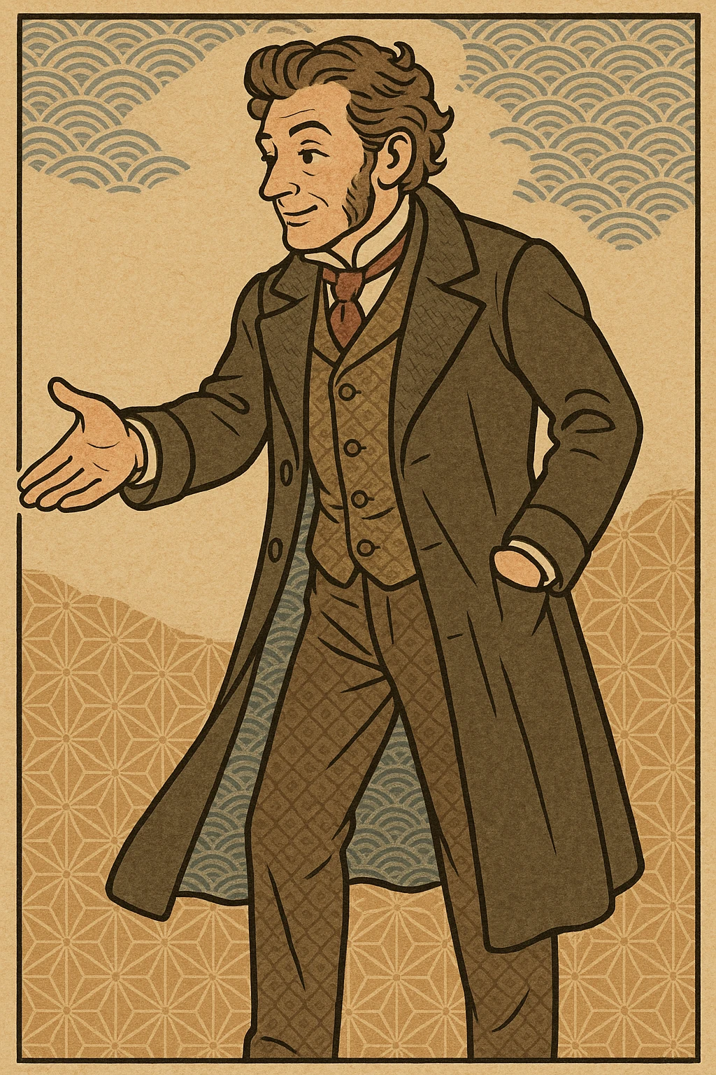 Victorian man in a long coat, reaching out his hand, ukiyo-e style emoji