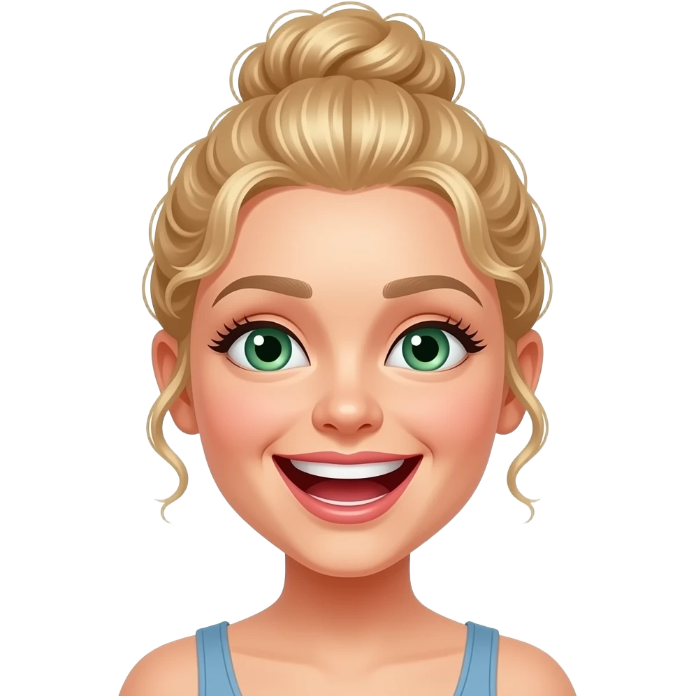 blonde haired woman laughing with green eyes curly bun emoji