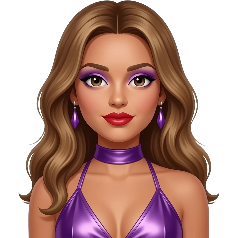 Melody Thornton from The Pussycat Dolls with medium dark skin, dark brown eyes, long light brown 2000s hair, purple eyeshadow, red lipstick, purple metallic halter dress, earrings emoji