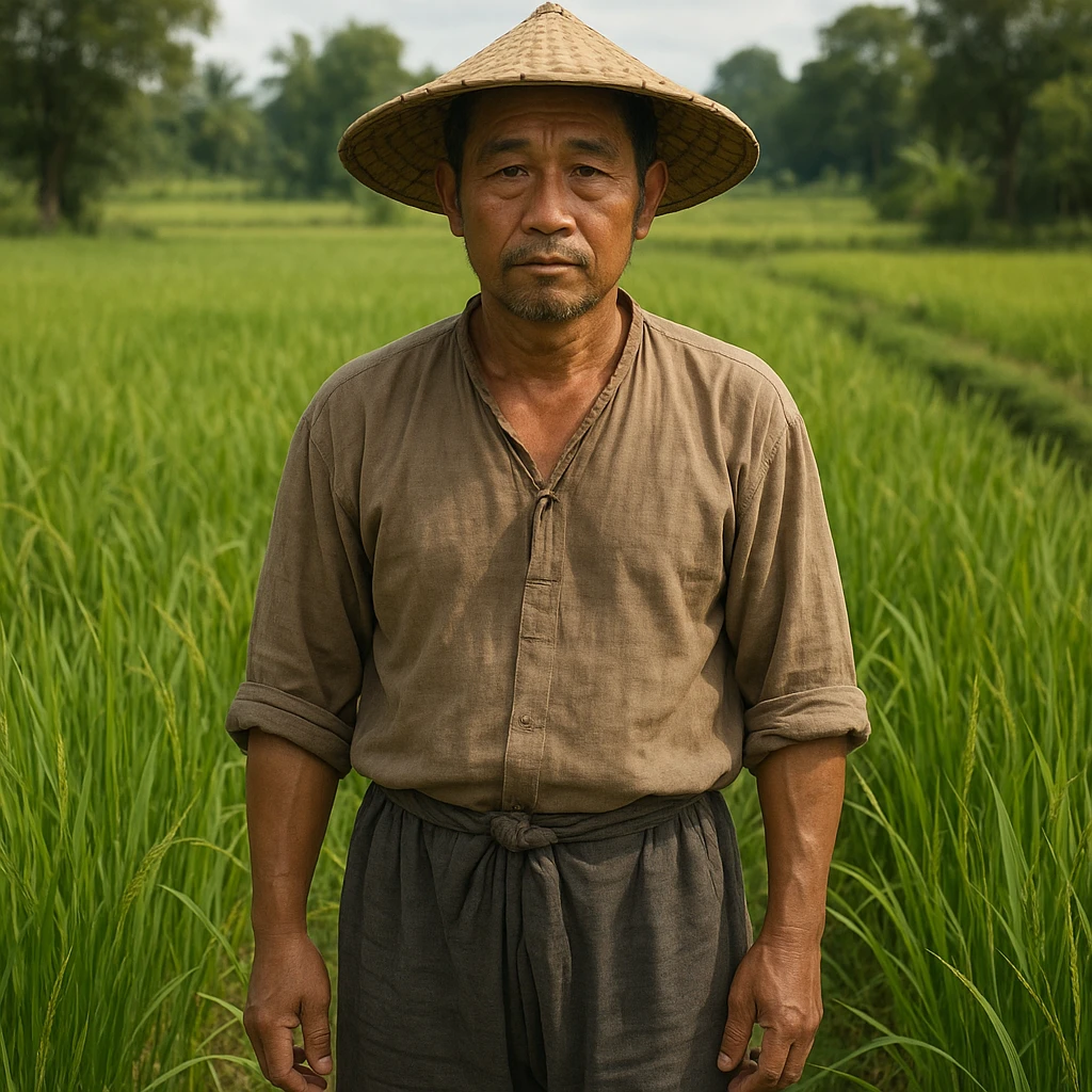 a real peasant man, Asian, straw hat, loose shirt and pants, standing in a rice field, realistic, natural colors emoji