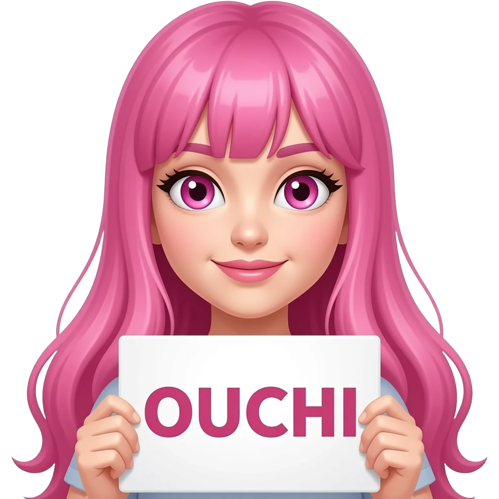 sexy girl with long pink hair and pink eyes holding OUCHI... sign emoji