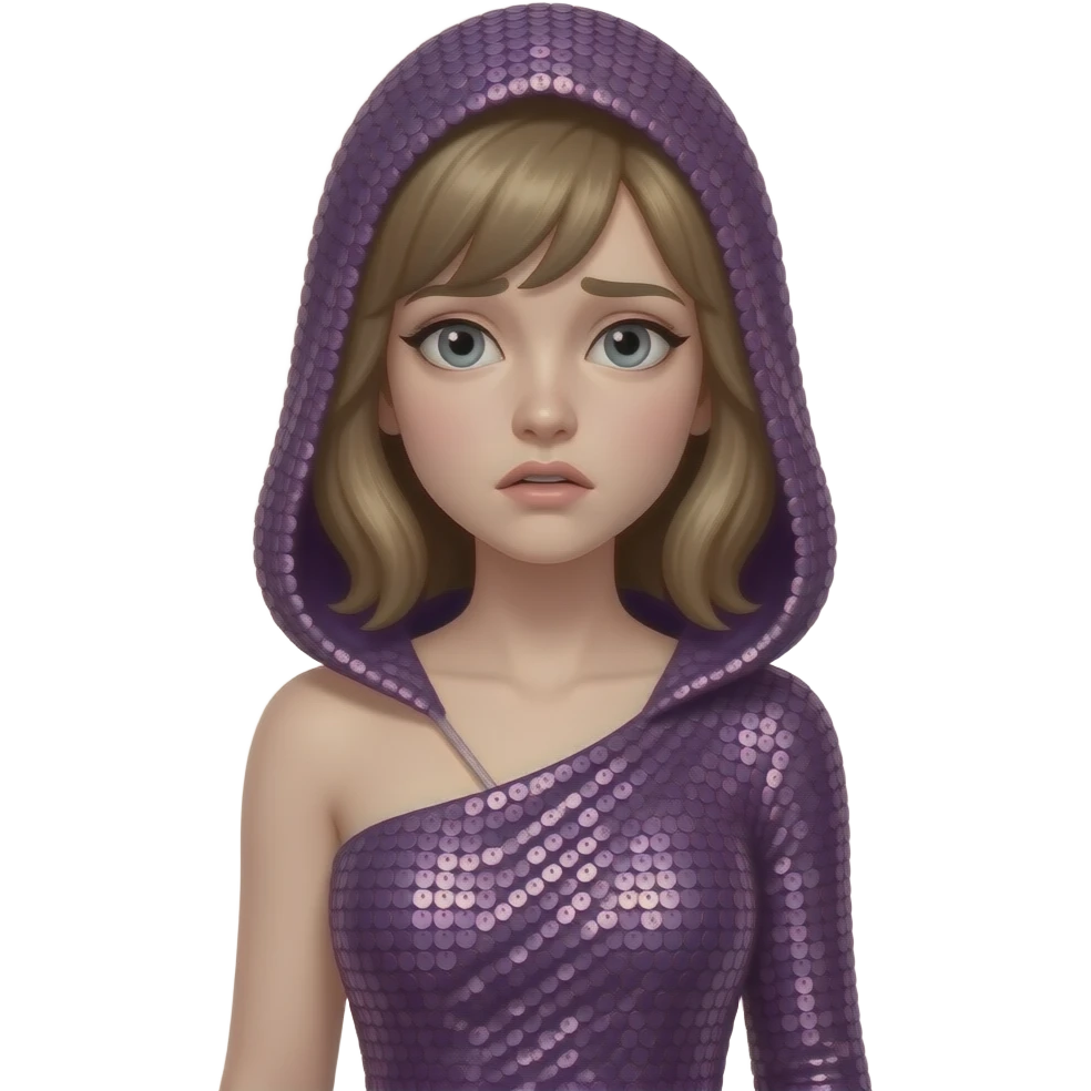 White girl with gray eyes, dark blonde (almost brown) chin-length hair, wearing a purple  over a silver finely-sequined dress that wraps around with no shoulder-straps. The hood is down. Scared. emoji