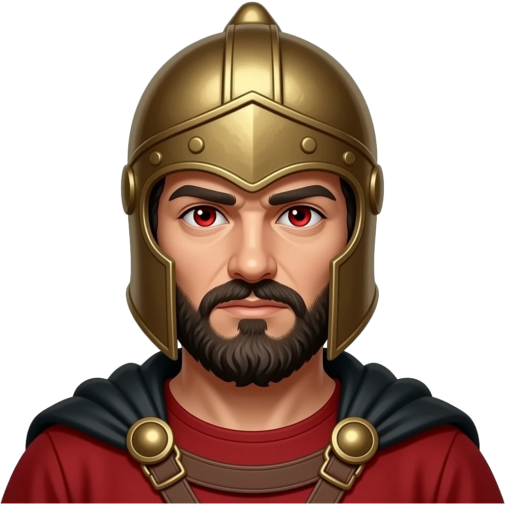 Mars from Roman Mythology with red eyes, black curly bearded warrior hair, red tunic, black cloak, bronze helmet emoji