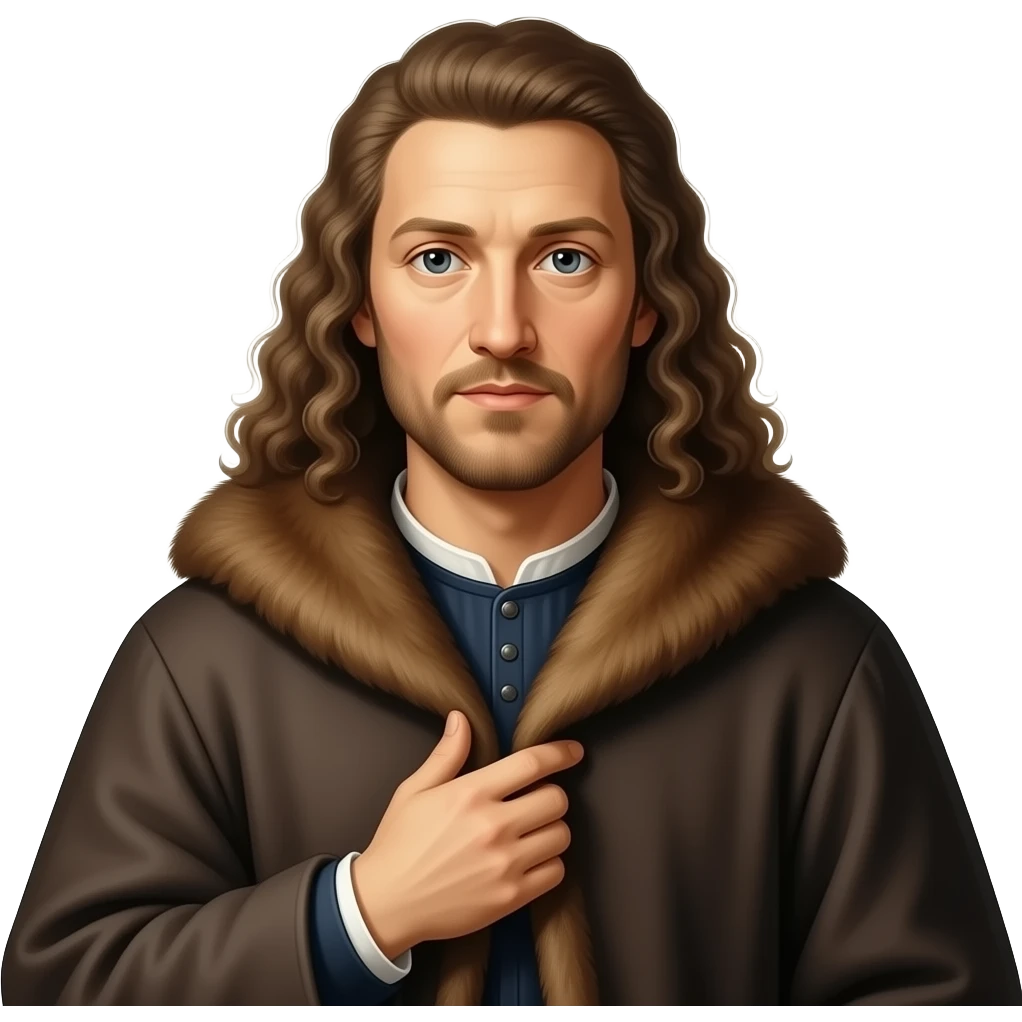 cinematic realistic - en face penetrating balanced Albrecht Dürer Renaissance self-portrait with long curly hair in a cloak with a fur collar, in Renaissance dress, holding the fur collar with his left hand emoji