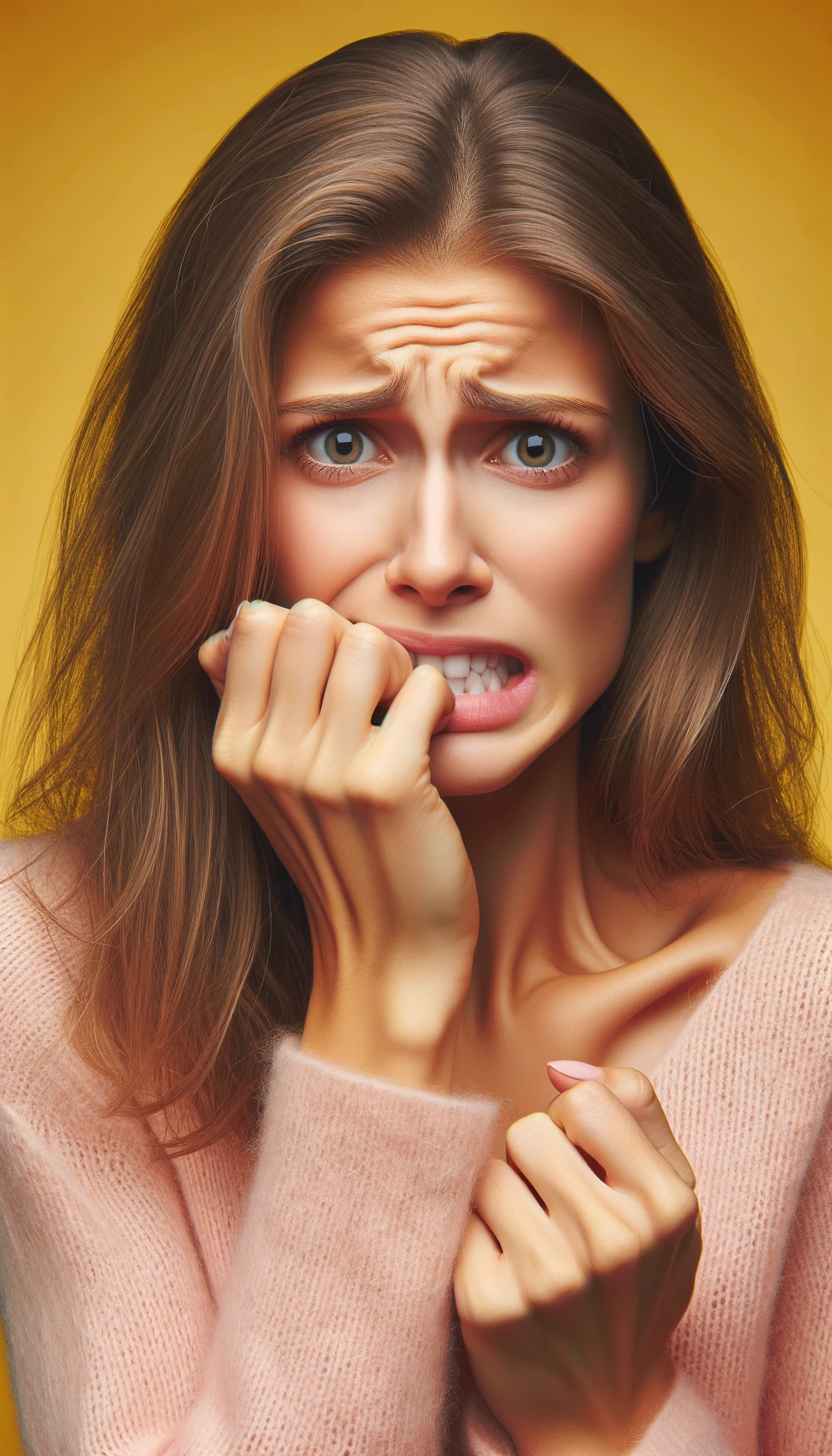 DONNA  che si mangia le unghie per il nervosismo, sfondo chiaro, iperrealistica 4k emoji
