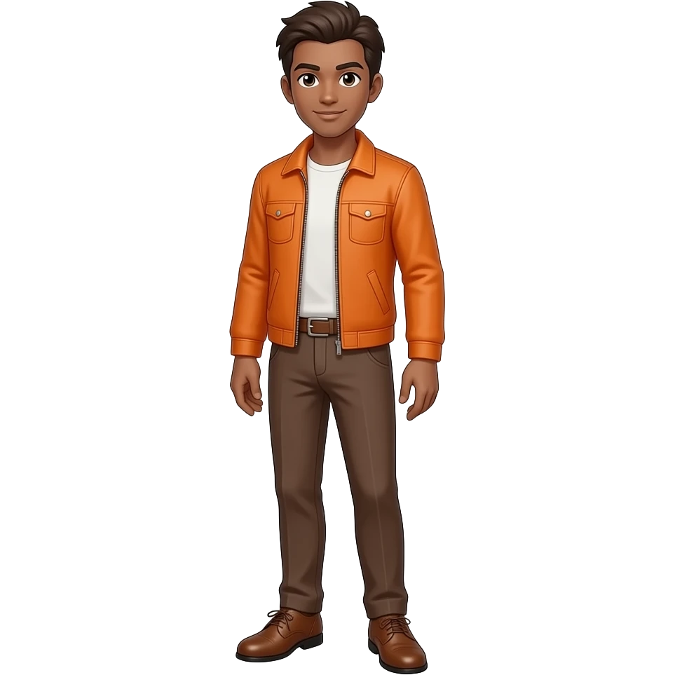 Anime men brown skin orange jacket and brown pants and brown dress shoes brown hair emoji
