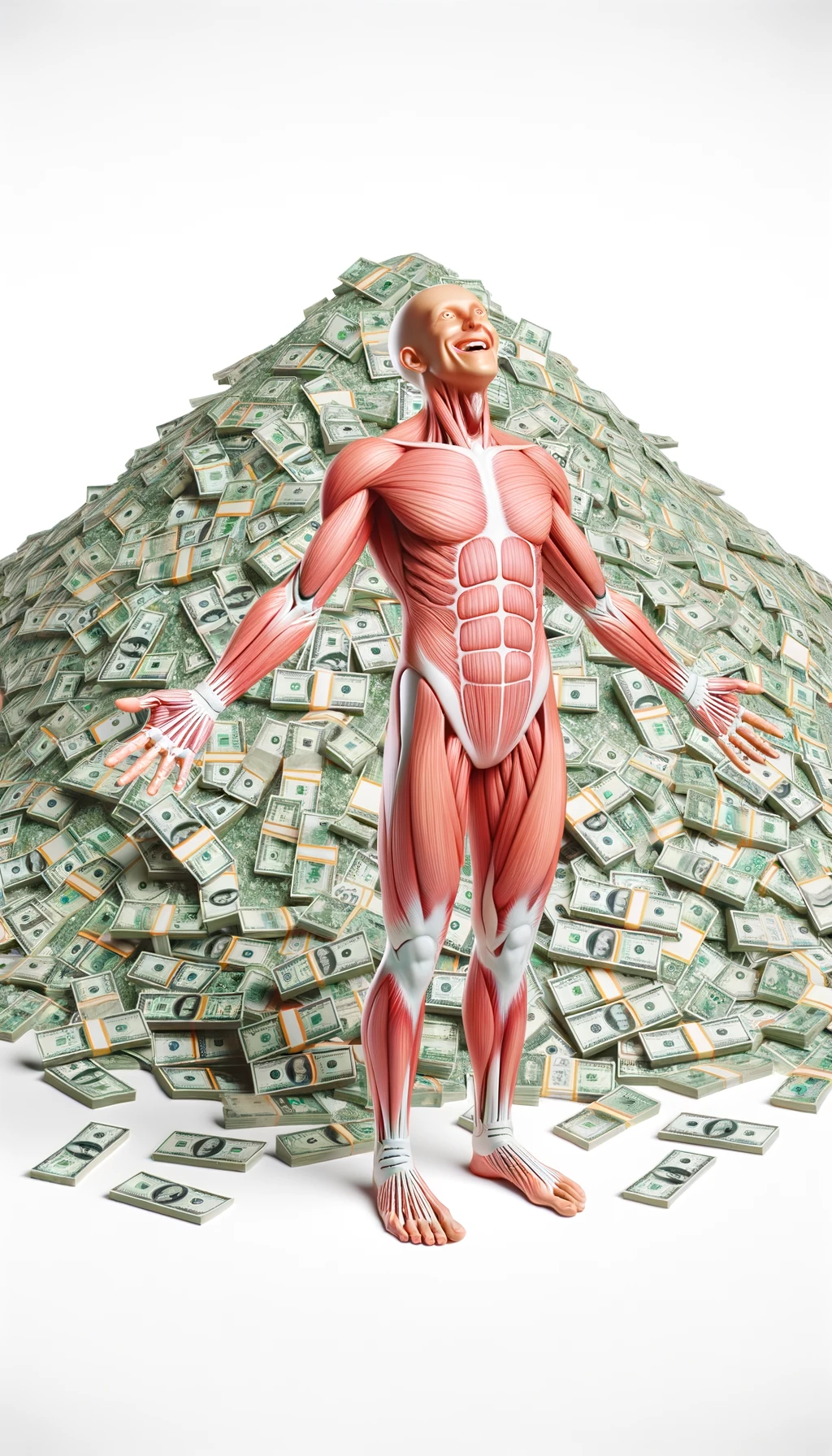corpo umano anatomico sereno e felice con una montagna di soldi davanti, espressione stupita, iperrealistica 4k, isolato su sfondo bianco emoji