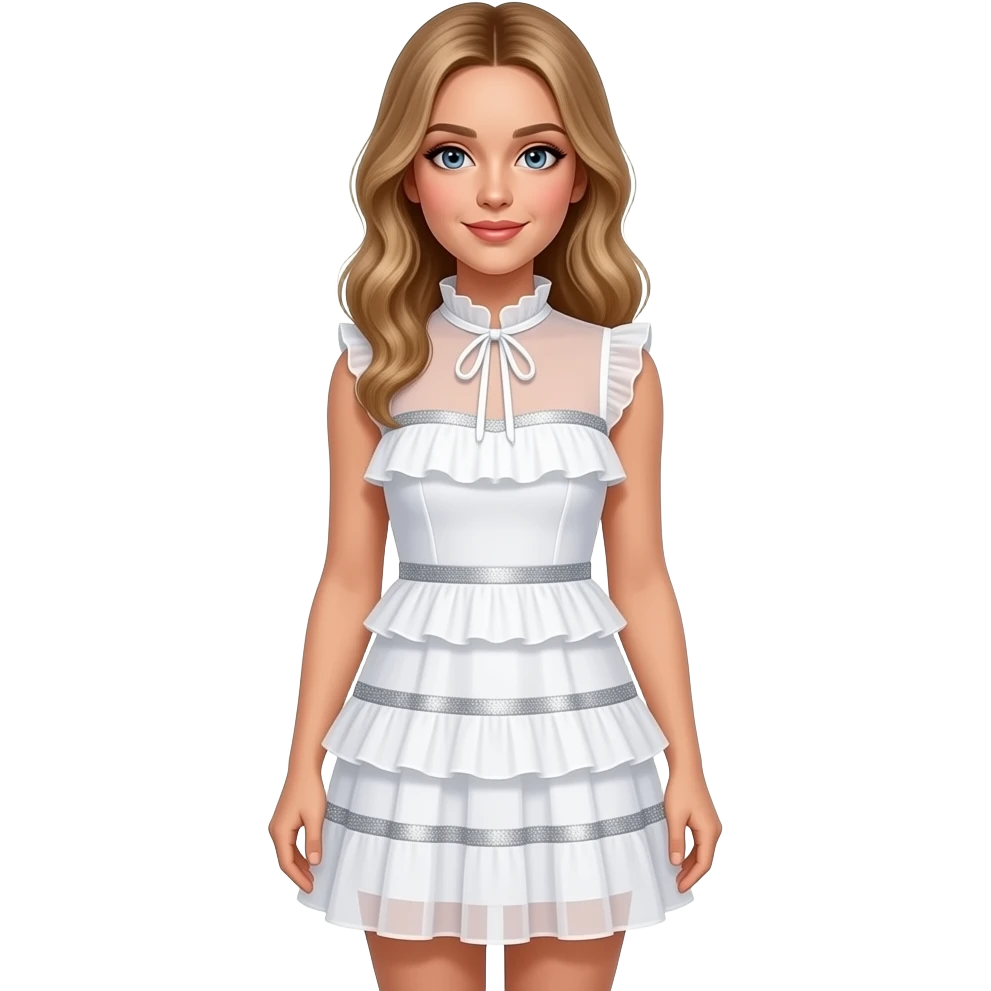 Sabrina carpenter wearing a A white, sheer, sleeveless mini dress or tunic. It features a ruffled neckline with a delicate tie at the center and a tiered, pleated skirt. The garment is accented with horizontal bands of silver glitter or sequin trim along the bodice and the ruffled tiers. emoji