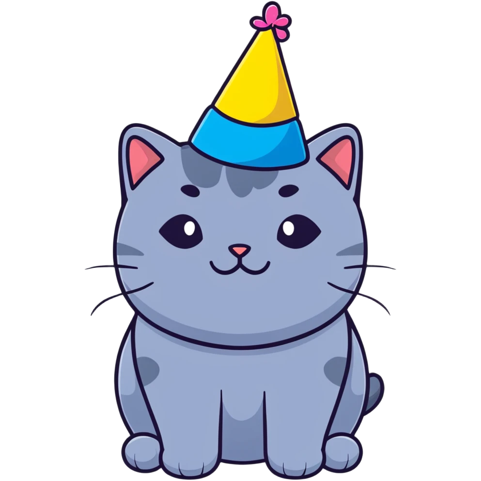 British shorthair blue cat with round face and chubby cheeks wearing a colorful birthday hat emoji