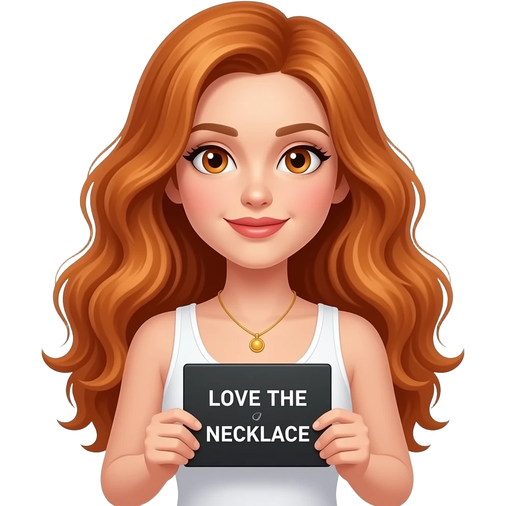 sexy girl with long wavy ginger hair and ginger eyes wearing a white tanktop is holding a black colored sign with LOVE THE NECKLACE written on it emoji