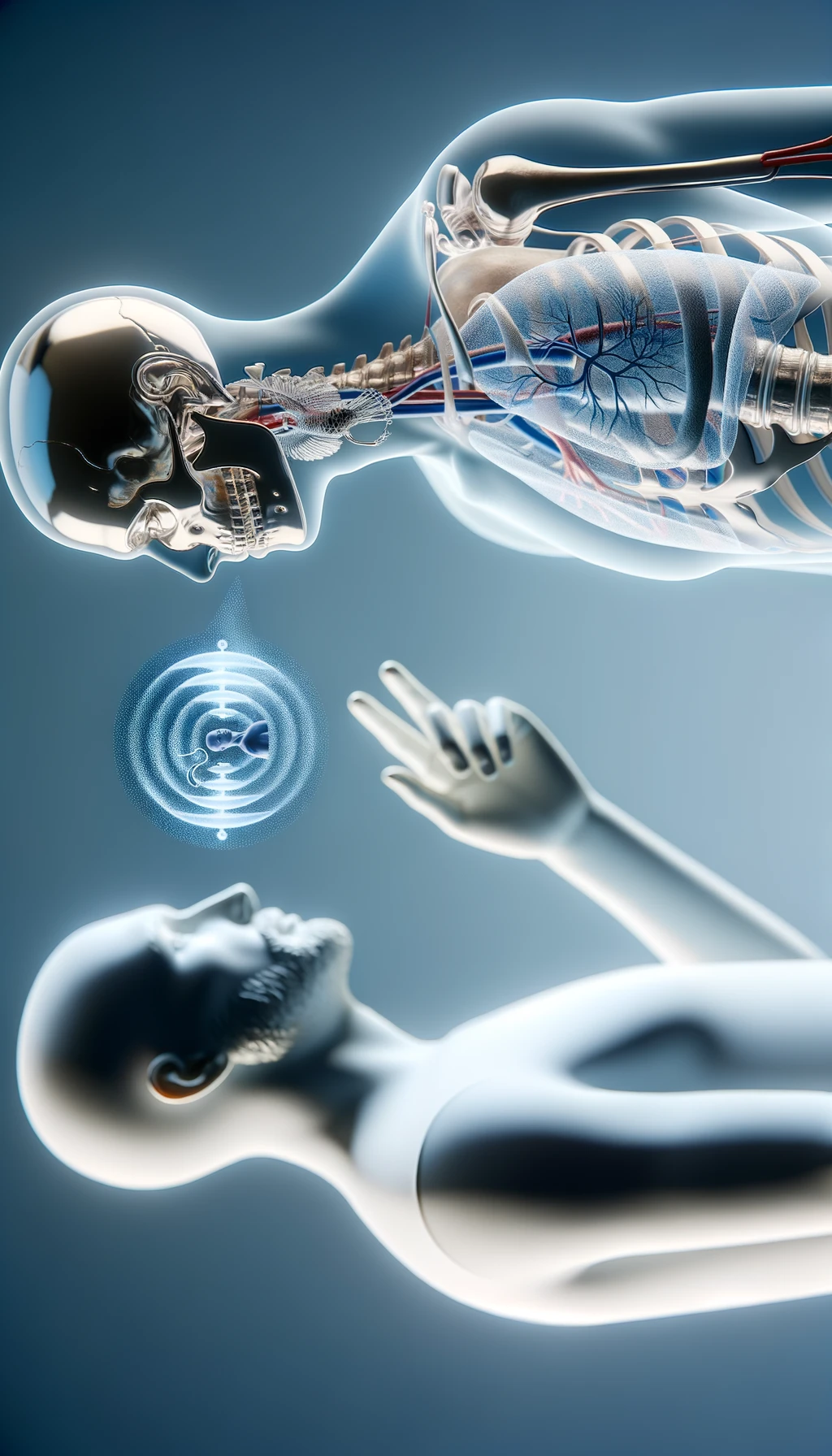 corpo umano anatomico che parla ma sopra di lui c'è il muto, un altra persona lo ascolta, immagine iperrealistica 4k emoji