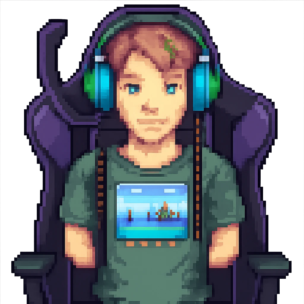 Add a gaming chair behind the streamer with headphones in pixel art style. Keep the pixel art style look and no background. emoji