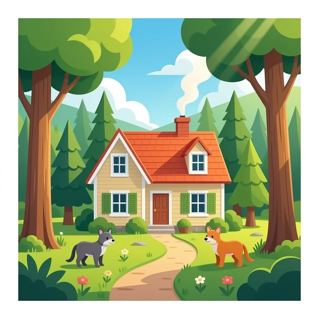 hazme una casa grande y acojedora en medio del bosque donde hayan animales y que toca la luz del sol emoji