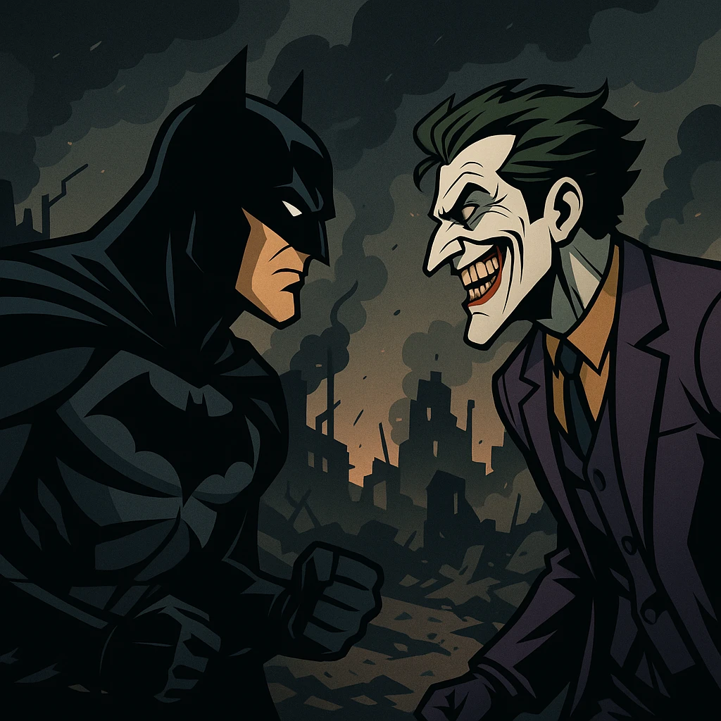 vector art of batman and joker, battleground background 
 emoji