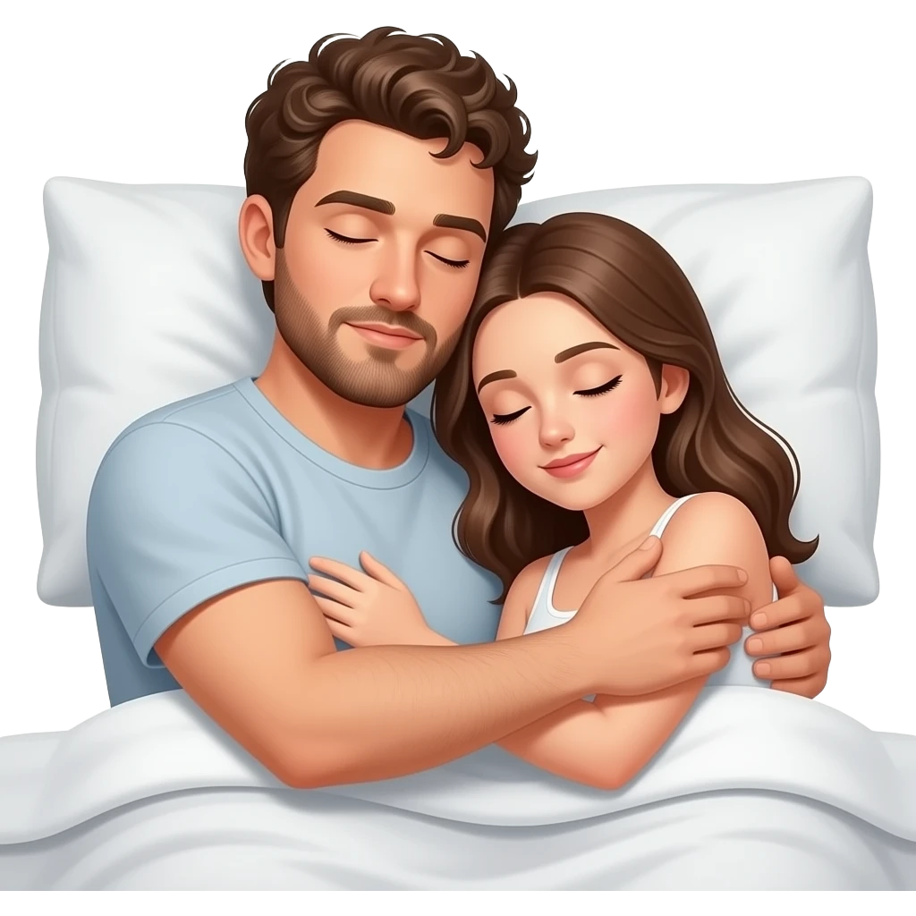 Realistic white man brown short curly hair with beard hugging while sleeping in bed with realistic white girl brown hair emoji