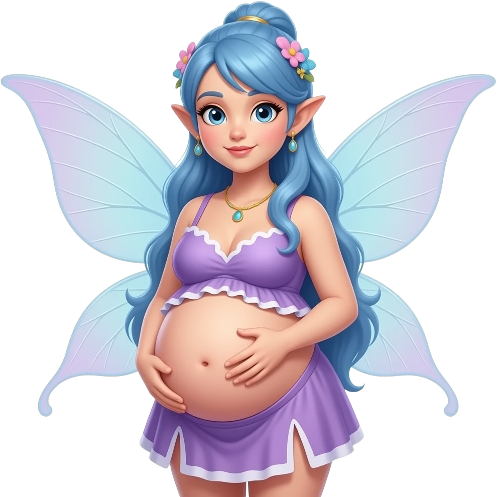 A fairy with a large overstuffed tummy makes her look heavily pregnant,her bellybutton likes kissing everything. emoji