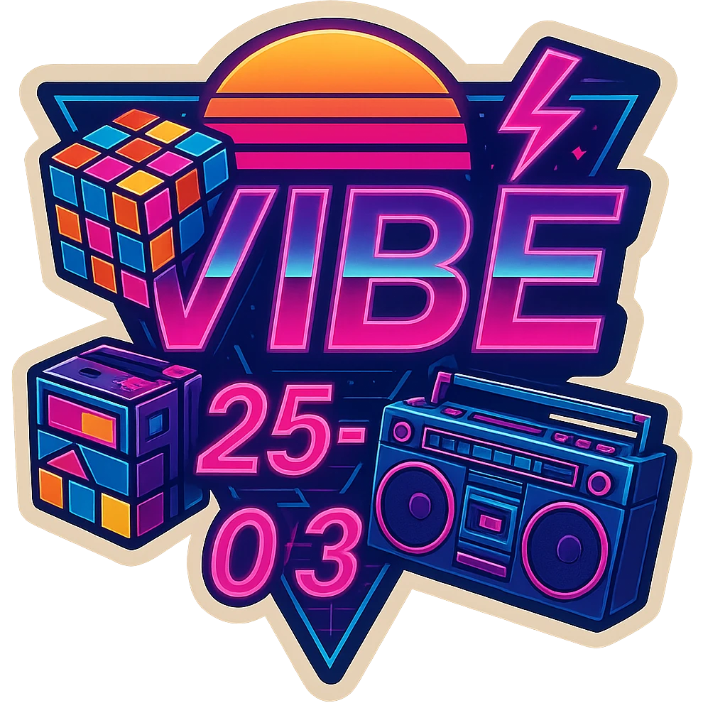 Add a Rubik's cube and a cassette player to this 80's retro VIBE25-03 logo, keeping the neon synthwave style and vibrant colors, with no background. Maintain the vibrant neon synthwave aesthetic and retro vibe. emoji