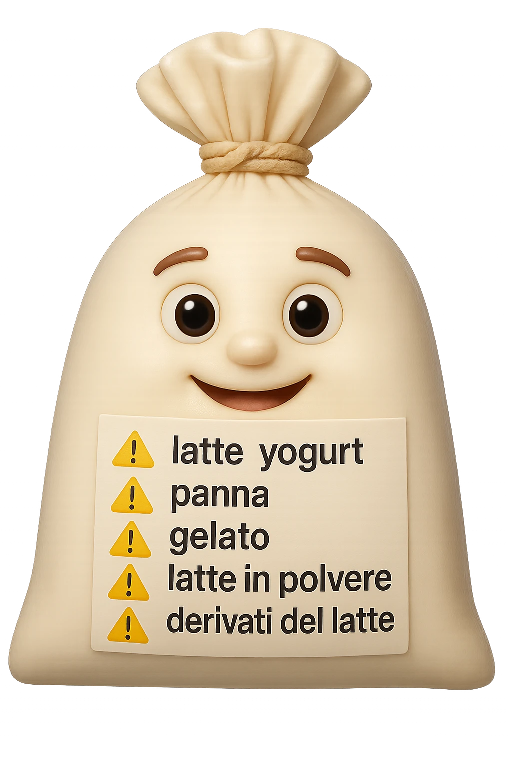 SU QUESTO STILE FAI UN EMOJI STILE IPHONE 3D DI UNa busta di mozzarelle con ETICHETTA CON GLI INGREDIENTI SCRITTI, "latte, yogurt, panna, gelato, latte in polvere, derivati del latte." accanto ad ogni nome scritto mettici un segnale di allarme, FALLO MOLTO REALISTICO IN 3D emoji
