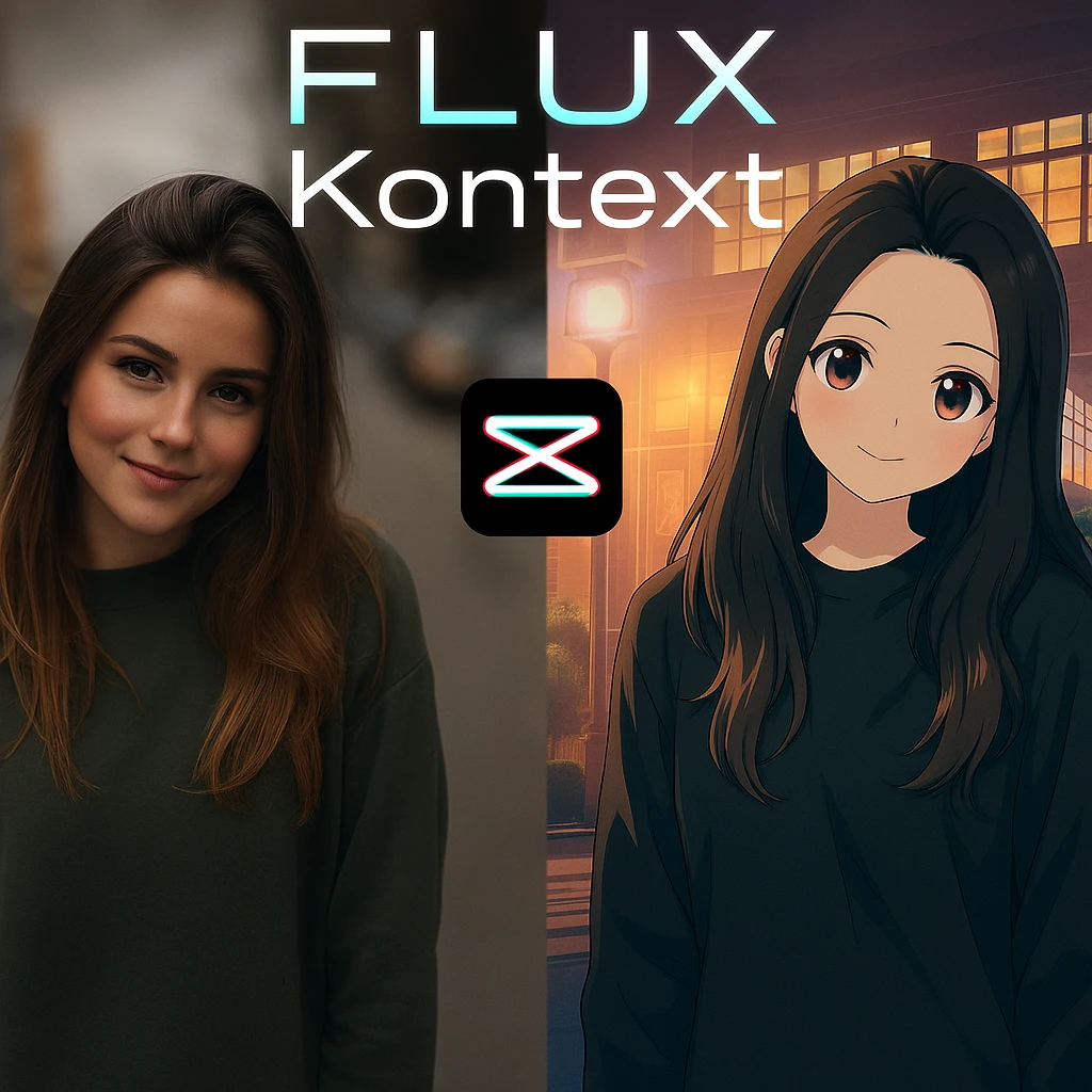 recreate this image and add logo of  text "FLUX Kontext" on top of it emoji