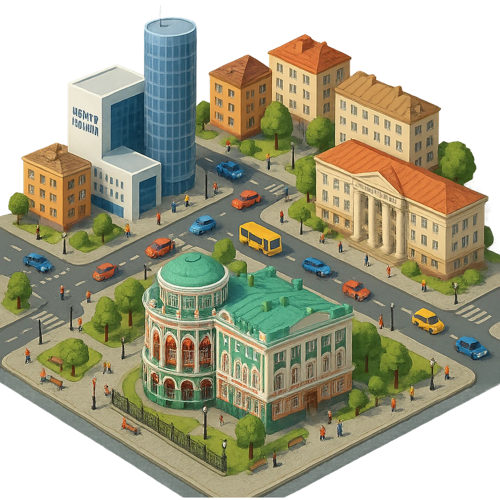 Изометричная миниатюрная фотореалистичная 3D модель Екатеринбурга - Дом Севастьянова, Ельцин-центр, Уральский федеральный университет, дома, четкая детализация, яркие цвета, мультяшный реализм, люди, автотранспорт, компактная композиция, вид сверху в изометрии, прозрачный фон emoji